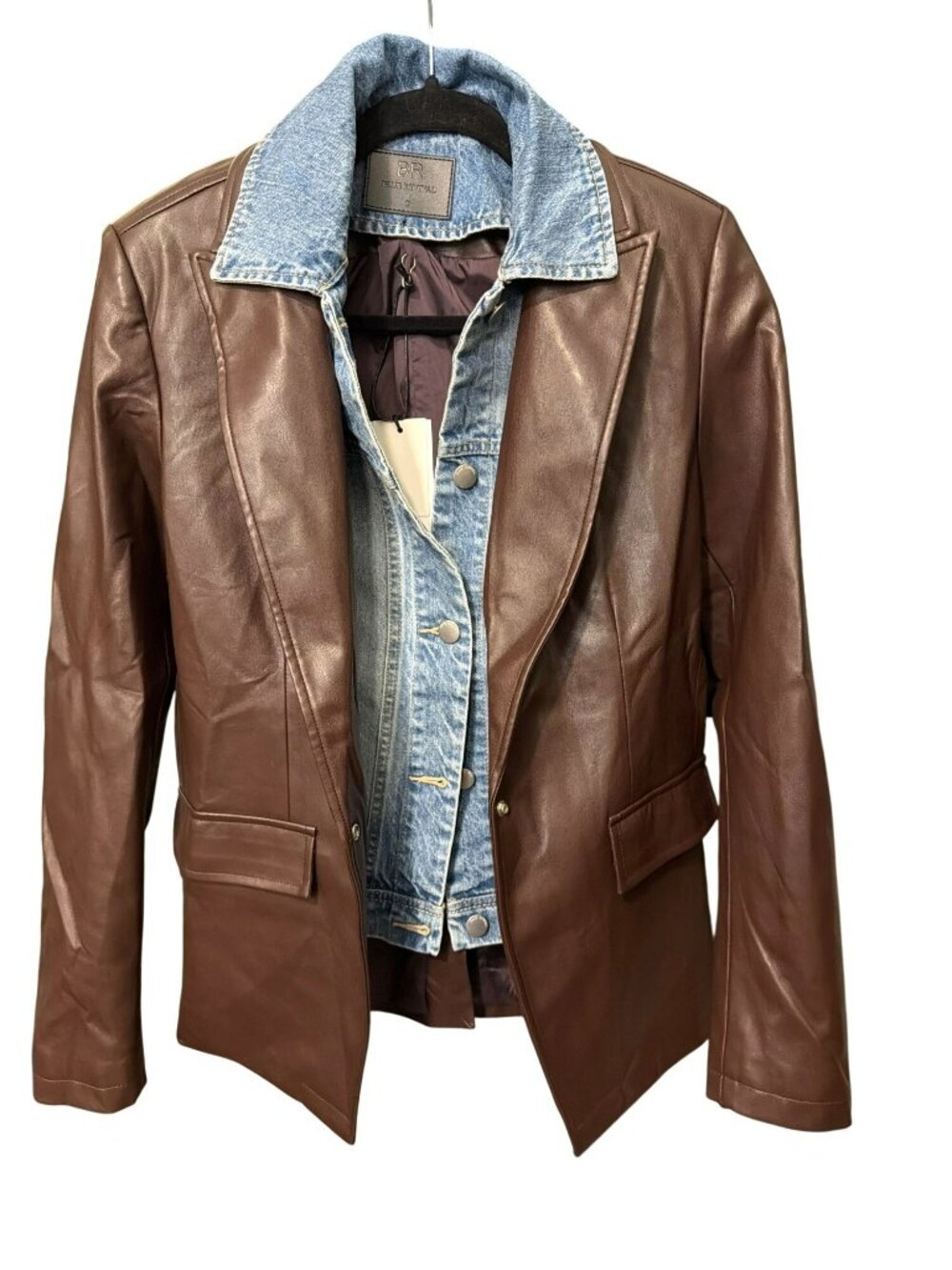 Blue Revival Brown Faux Leather Blazer Denim Insert Size Small New